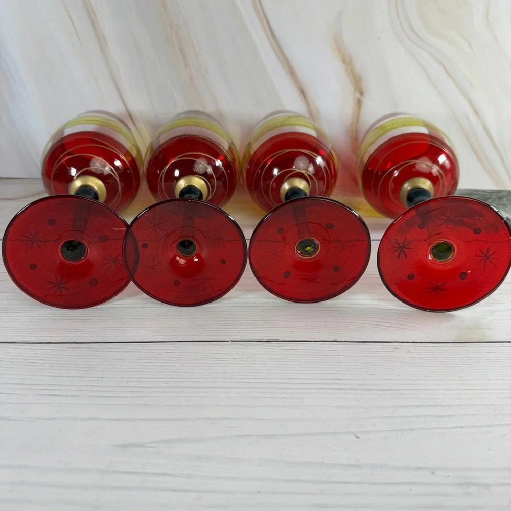 Wine Glasses Set of 4 Red Lime Green Hand Painted Starburst Festive Holidays